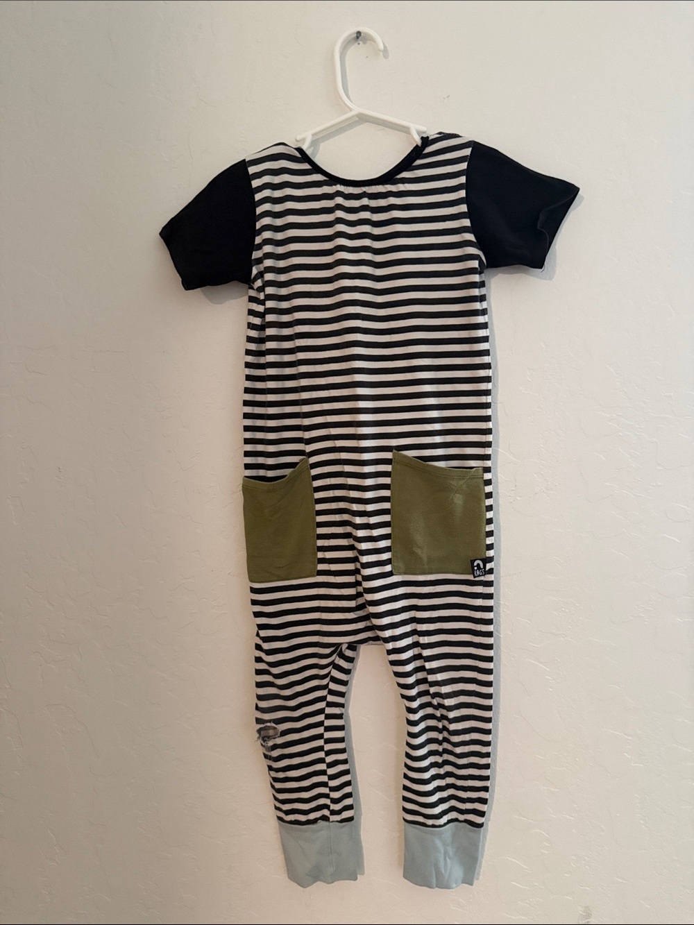 Rags 5/6 Striped Black & White Kids One-Piece with Olive Pockets